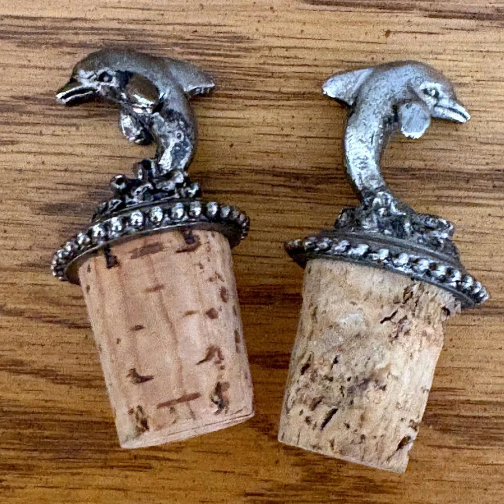 Vintage Dolphin Wine Bottle Stoppers Set of 2 Pewter Tone Coastal Barware Decor